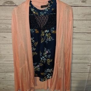Floral, lace tank with peach lightweight cardigan